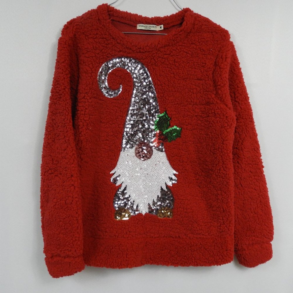 C596 Chance or Fate Knome Christmas Fuzzy Red Ugly Christmas  Sweater